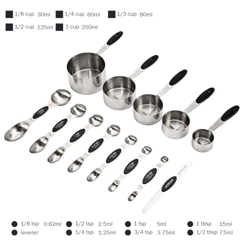 13-Piece Magnetic Measuring Spoons and Cups Set, Stainless Steel Kitchen Measure Tools with Silicone Handles, Nesting Dry and Liquid Measuring Cups for Baking Cooking (Black) - color: Black