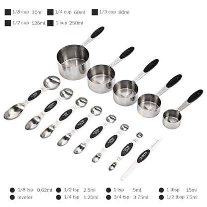 13-Piece Magnetic Measuring Spoons and Cups Set, Stainless Steel Kitchen Measure Tools with Silicone Handles, Nesting Dry and Liquid Measuring Cups for Baking Cooking (Black) - color: Black