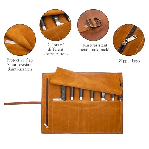 Genuine Leather Knife Roll, Knife Bags for Chefs Professional, Small Chef'S Knife Case Holder, Knives Holders Protectors with 7 Slots (7 Slots and Zipper Dark brown) - color: 7 Slots and Zipper Dark brown