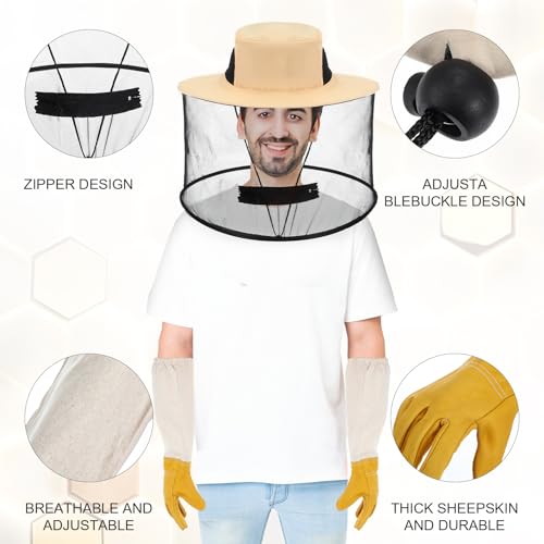 Beekeeping Gloves Hats Set 2 Thick Goatskin Leather Bee Gloves with Ventilated Sleeves and 2 Pack Beekeeping Fencing Veil Mosquito Hats Netting Sun Head Net Hat with Hidden Net Mesh Mask (Set of 2)