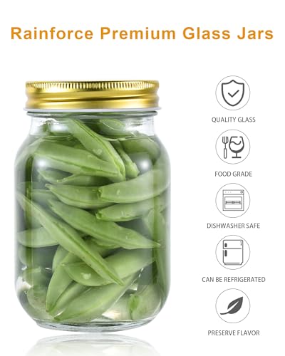 Rainforce 16 oz Mason Jars With Lids Regular Mouth 15 Pack-16 oz Glass Jars with Gold Lids,Bulk Pint Clear Glass Jars For Meal Prep, Food Storage With 20 Labels - color: Gold Lids