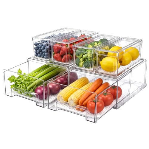 6Pack Fridge Organizers and Storage,Stackable Fridge Organizer Bins with Lids, 2 Pull Out Fridge Organizers and 4 Storage Container with Drain Tray for Fruits, Vegetables, Drinks, Snack and Food