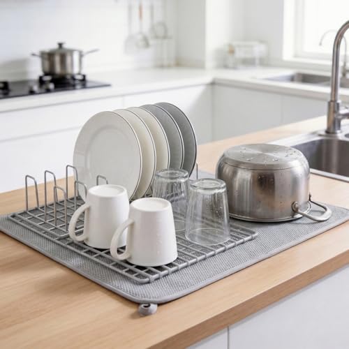 Ninsula Dish Drying Mat, 18 x 24 In Absorbent Microfiber Drying Matt Kitchen Counter, Extra Large Foldable Drying Mat for Countertops, Sinks and Draining Racks (Gray)
