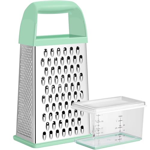 Urbanstrive Cheese Grater With Container, Professional Cheese Grater with Handle, Stainless Steel Graters for Kitchen Handheld, Box Grater with 4 Sides for Vegetables, Ginger, Potatoes (Mint Green) - color: Mint Green