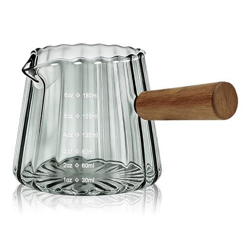 Espresso Measuring Cup 6 Oz, Espresso Glass Cups with Wood Handle, Milk Frothing Cup, Espresso Cup for Coffee, Milk, Tea or Maple Syrup Serving - color: Gray, size: 6 oz