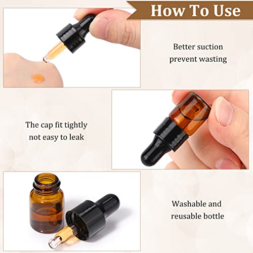 Nuogo 100 Pcs Mini Amber Glass Oil Dropper Bottle Bulk, Clear Essential Small Empty Sample Vial with Dropper and Black Caps Tiny Amber Glass Bottles Perfume Jars for Travel(2 ml) - size: 2 ml