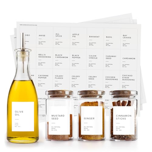 250 White Spice Labels by ThreeKin | Waterproof & Oil-Resistant Pre-Printed Stickers for Spice Jars | Durable, BPA-Free Seasoning Labels | Easy-Clean, No-Residue Design | Proudly Female & USA Owned - color: White