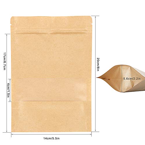 SumDirect Kraft Stand Up Pouches - 50Pcs Resealable Kraft Paper Stand Up Bags with Window, Zipper Disposable Food Storage Bags for Home or Business (50, 5.5x7.8inch) - size: 5.5x7.8inch