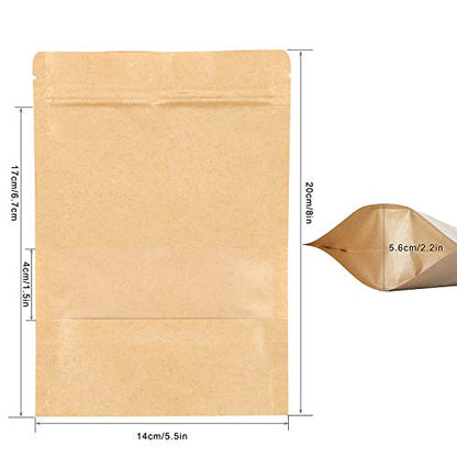 SumDirect Kraft Stand Up Pouches - 50Pcs Resealable Kraft Paper Stand Up Bags with Window, Zipper Disposable Food Storage Bags for Home or Business (50, 5.5x7.8inch) - size: 5.5x7.8inch