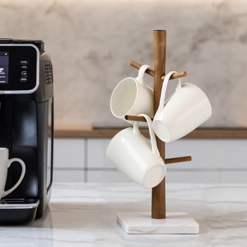 Buruis Wood Mug Holder, Marble Base Cup Rack Tree, Cup Stand Hanger, Kitchen Coffee Mug Tree Countertop Tea Cups Holder Stand, Coffee Mugs Dryer with 6 Hooks, White - color: Square base White