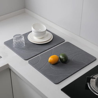 2 Pack Stone Drying Mat for Kitchen Counter, (Gray, 16''x12'') | Quick Dish Drying Stone Mat Kitchen,Stone Dish Drying Mat,Quick-Dry Absorbent Bath & Countertop Stone Dishes Mats - color: Gray