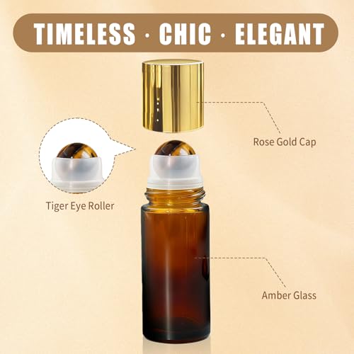 Tiger's Eye Roller Bottles for Essential Oils, 50ml Refillable Amber Glass Roll On Bottles with Natural Crystal Roller Balls, Leak-Proof Travel Perfume Bottle with Gold Caps - color: Tiger's Eye