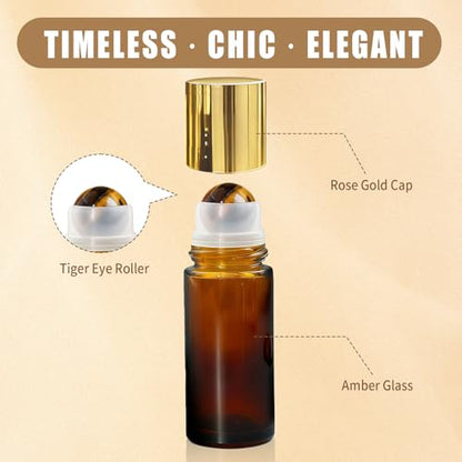 Tiger's Eye Roller Bottles for Essential Oils, 50ml Refillable Amber Glass Roll On Bottles with Natural Crystal Roller Balls, Leak-Proof Travel Perfume Bottle with Gold Caps - color: Tiger's Eye