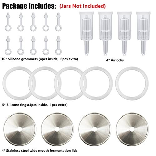 laffeya Stainless Steel Fermentation Lids for Wide Mouth Mason Jars, 4 Set | 4 Ferment Lid+Fermenting airlock+Grommet+Rings, for Sauerkraut, Pickle, Kimchi, Hot sauce. Fits 3.38in wide-mouth (Jars excl)