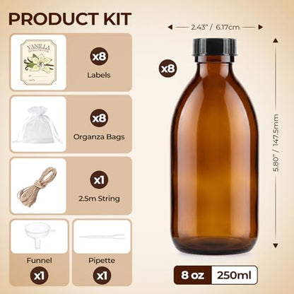 8 Pack 8oz Vanilla Extract Bottles, Amber Glass Bottles with Caps and Labels Small Boston Round Bottles for Homemade Gifts, Essential Oils, Potions, Tinctures & Liquids - Airtight & Leakproof - size: 8 Pack