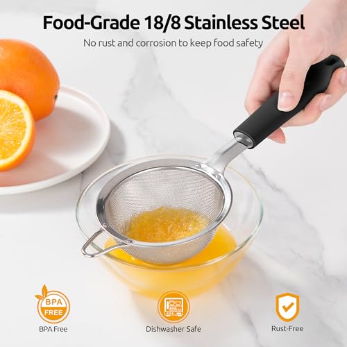 U-Taste Small Fine Mesh Strainer: 18/8 Stainless Steel 3.35in 30 Mesh Kitchen Food Sieve with Sturdy Riveted Silicone Handle, Heavy Duty Deep Handheld Metal Colander for Tea, Juice (Black) - color: (2) Black, size: S-3.35in