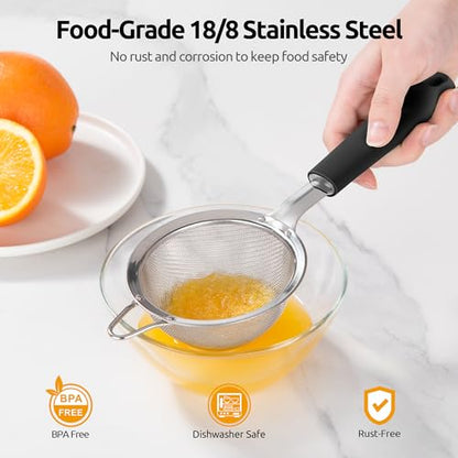 U-Taste Small Fine Mesh Strainer: 18/8 Stainless Steel 3.35in 30 Mesh Kitchen Food Sieve with Sturdy Riveted Silicone Handle, Heavy Duty Deep Handheld Metal Colander for Tea, Juice (Black) - color: (2) Black, size: S-3.35in