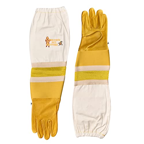Massive Bee Cowhide Beekeeping Ventilated Cowhide Leather Gloves Yellow Rubber Cuff Then Yellow Mesh with Off white jeans - color: Simple Gloves, size: Small