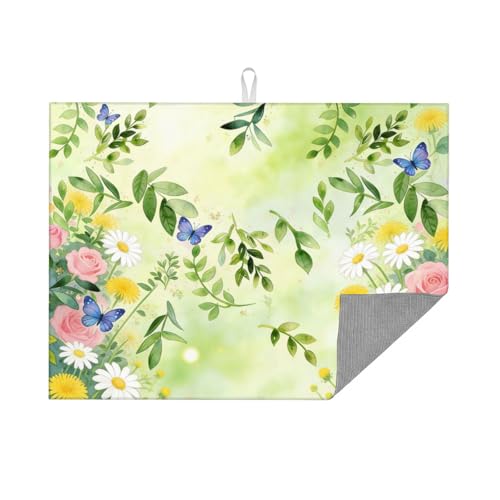 Kitchen Drying Mat for Countertop Fresh Botanical Floral Butterfly Garden Non-Slip Kitchen Counter Mat for Dishes Glassware - color: Light Green