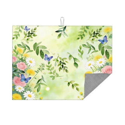 Kitchen Drying Mat for Countertop Fresh Botanical Floral Butterfly Garden Non-Slip Kitchen Counter Mat for Dishes Glassware - color: Light Green