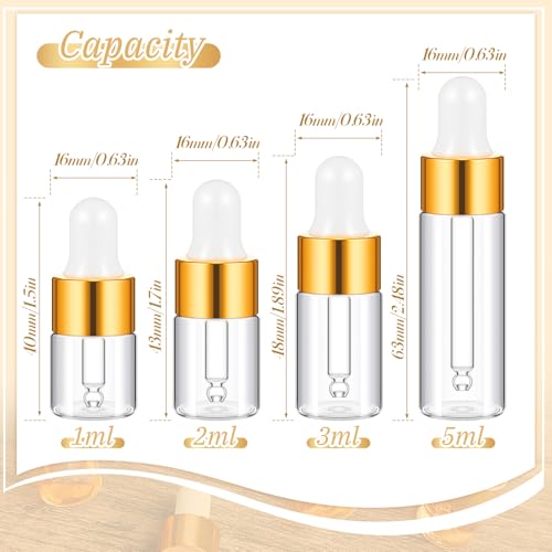 Didaey 100 Pcs 1/2/3/5/10/15 ml Mini Glass Oil Dropper Bottle Bulk, Clear Essential Small Empty Bottles Sample Containers Perfume Liquid Vials with Cap for Traveling (1ml,2ml,3ml,5ml,Champagne Gold) - color: Champagne Gold, size: 1ml, 2ml, 3ml, 5ml