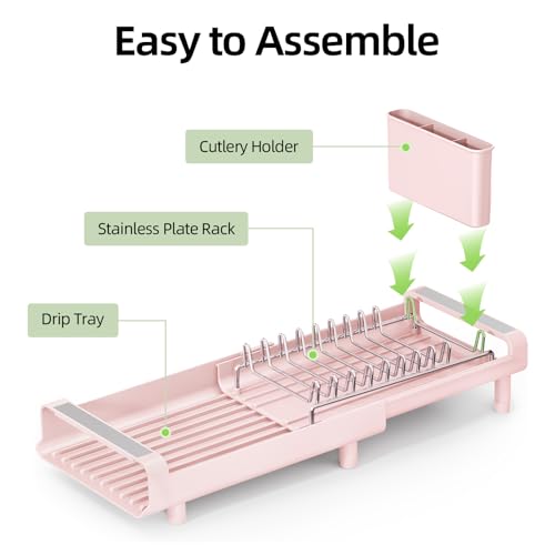 TOOLF Small Dish Drying Rack, Mini Expandable Compact Dish Rack, Slim Extendable Stainless Steel Dish Drainer for Kitchen Plate Storage, Space Saving Dish Strainer in Sink or on Home Countertop, Pink - color: Pink