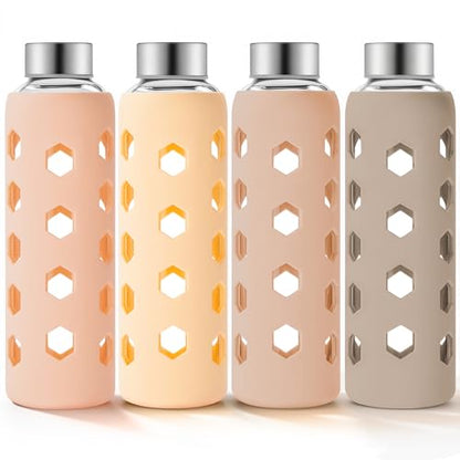 Mrsdry Glass Juice Bottles with Lids and Silicone Sleeves 18 oz, 4-Pack Reusable Clear Glass Water Bottles with Stainless Steel Airtight Cap for Juicing, Refrigerator, BPA Free Leak-Proof Drinking Jar - color: Apricot