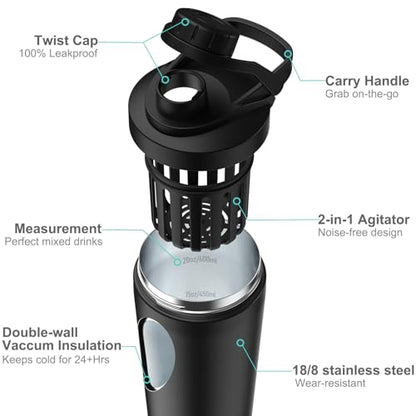 Greatyos Stainless Steel Shaker Bottle with Noise-Free Design - Patented 24 oz Insulated Metal Shakers Bottles Cup for Protein Mixes and Pre Workout 100% Leak Proof (Black) - color: Black
