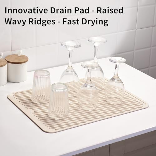 ZLR Silicone Dish Drying Mat for Kitchen Counter (12" x 16" / 307 x 405mm) - Large Fast-Dry Drainer Mat with Raised Wavy Ridges & 5mm Lip - Non-Slip, Heat Resistant 450°F, BPA-Free (Cassava White) - color: Cassava White, size: 16" x 12"