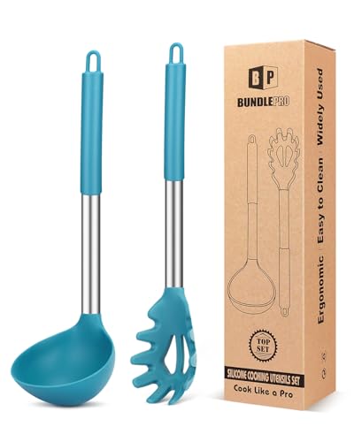 Silicone Pasta Fork and Ladle Spoon Set, Large Non Stick Kitchen Utensils for Cooking,Stirring,Serving Spaghetti, Soup, Sauce (BLUE) - color: Blue
