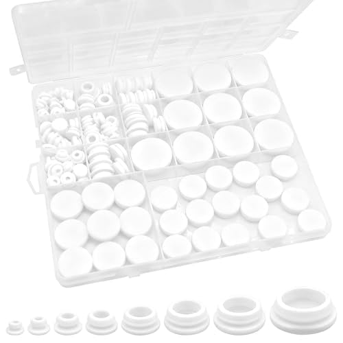 125Pcs White Rubber Plug Box, Silicone Tool Various Sizes of Round Hole, Rubber Plugs for Round Holes, Silicone Plugs Suitable for Furniture Car Wiring - color: White-125pcs