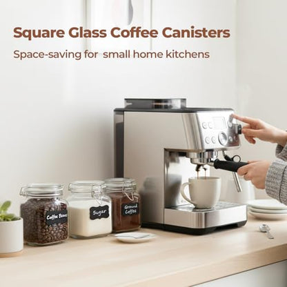 ComSaf Square Glass Pantry Jars with Airtight Lids 34 oz 3 Pack Coffee | Coffee beans, Tea sugar flour, Coffee station, Pantry organization, Small apartments, Countertop storage, Pickle - size: 34oz*3