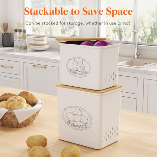 Lifewit Plastic Potato and Onion Storage Bin, Stackable Garlic Keeper with Aerating Holes and Lid, Vegetable Container Box for Pantry Countertop, White, 24 x 18 x 24 cm/9.5 x 7 x 9.5 inch, Set of 2 - color: White