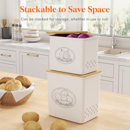 Lifewit Plastic Potato and Onion Storage Bin, Stackable Garlic Keeper with Aerating Holes and Lid, Vegetable Container Box for Pantry Countertop, White, 24 x 18 x 24 cm/9.5 x 7 x 9.5 inch, Set of 2 - color: White
