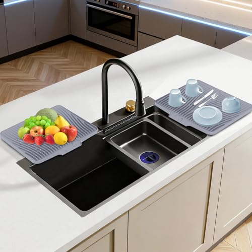 Silicone Dish Drying Mat for Kitchen counter, 19.7"x17" 2Pcs Extra Large Non-Slip Drain Pad with Built-in Drainage, Heat Resistant Dishwasher Safe, Grey - color: Grey-2pcs, size: 19.7" x 17"