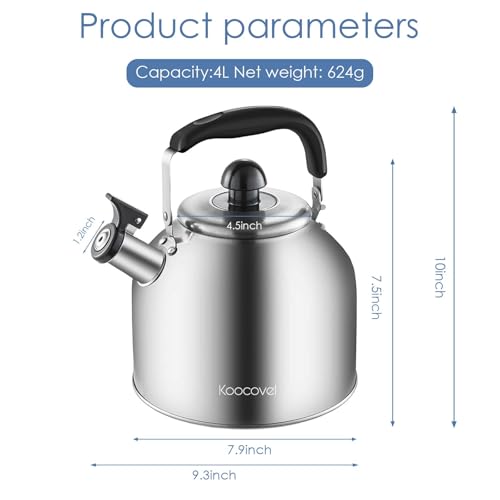 4.2 Quart/4L Large Whistling Tea Kettle, 304 Stainless Steel Brushed Satin, Fast Boil for Induction & Gas Stoves - size: 4.2 Quarts