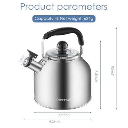 4.2 Quart/4L Large Whistling Tea Kettle, 304 Stainless Steel Brushed Satin, Fast Boil for Induction & Gas Stoves - size: 4.2 Quarts