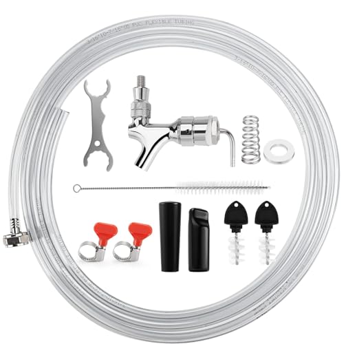 Draft Beer Line Shank Faucet Kit, Beer Keg Tap Kegerator Tower Dispenser Replacement Set with Self-Closing Spring Spanner Wrench No Leak 5.5 Feet 3/16'' Brewing Tubing 1/4'' Keg Coupler Barb - size: Faucet (Stainless Core) +Tube Kit