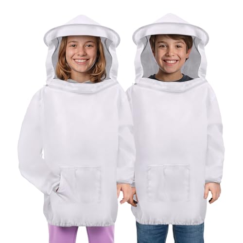 Flexzion Kids Beekeeping Suit Jacket with Veil Hood - Lightweight Sting-Resistant Bee Suit for Kids Adults, Youth Pullover Bee Smock, Elastic Waist & Cuffs, White, Kid Large - size: Kids Large