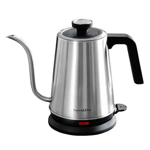 Nueve&Five Electric Gooseneck Kettle with Thermometer, 1.0L Pour Over Hot Water Kettle for Coffee and Tea, 1000W, Auto Shutoff, Boil-Dry Protection,Stainless Steel - color: Stainless Steel