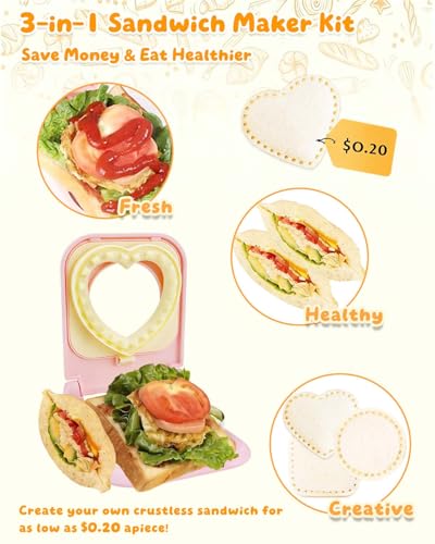 3-in-1 Uncrustable Sandwich Maker - Heart/Circle/Square Crustless Sandwich Cutter & Sealer for Kids' Lunch, Breakfast & Lunchboxes | BPA-Free Uncrustable Press, Easy Clean (3-Shape Pink) - color: 3-Shape Pink