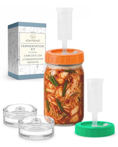 Elementi Fermentation Kit - Set of 2 Glass Fermenting Weights and Mason Jar Fermentation Lids for Wide Mouth Mason Jars - Sauerkraut & Pickling Kit - Make Perfect Kimchi Pickles & Sauerkraut at Home - style: Set of 2 - Easy Grip Weights & Lids
