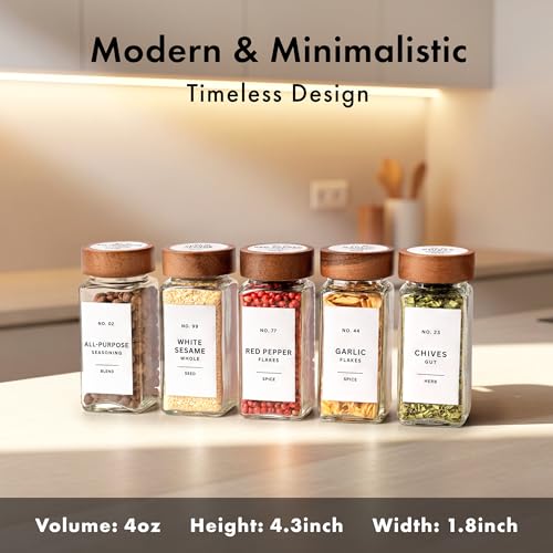 EDELHAUS Glass Spice Jars with Label, 24x Acacia Wooden Lids - White Labels | Airtight acacia lids keep spices fresh; use as a spice organizer, seasoning containers or 4 oz jar set; funnel & 240 labels - color: Acacia Lid + White Labels