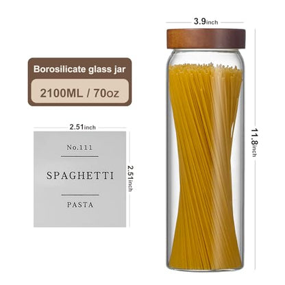 Wissy&Konny 3 Pack Glass Pasta Storage Containers with Screw wood Airtight Lid, 70oz Tall Glass Jar with Lid Spaghetti Container Storage for Pasta,Spaghetti,Cereal (132 Pantry Labels)
