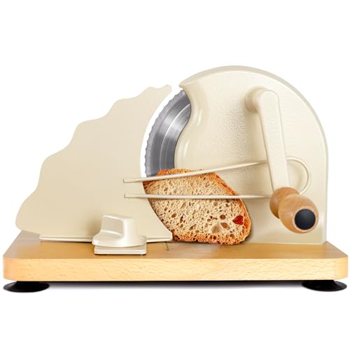 Manual Bread Slicer for Homemade Bread, Bread Cutter for Adjustable and Even Slices, Classic Hand Crank Sourdough Slicer with Scale Line & Powerful Suction Cup, Sharp Stainless Steel Blade (Cream) - color: Cream