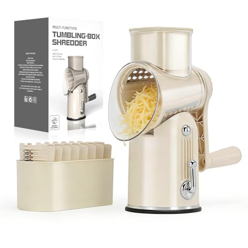 KEOUKE Rotary Cheese Grater 5 in 1 White - Hand Crank Vegetable Cutter, Shredder, Slicer, Enlarge Input, Suction Base, Labor-Saving Handle, Blade Storage Box, for Onion, Potato, Vegetable, Nuts, etc - color: White