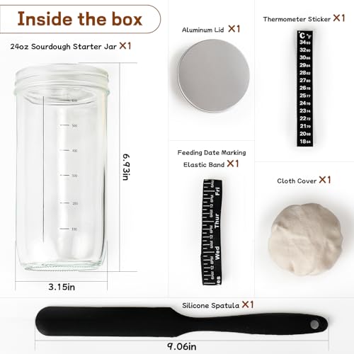 Sourdough Bread Baking Supplies,24 oz Sourdough Starter Jar Glass, Sourdough Starter Kit with Date Marked Feeding Band, Thermometer, Silicone Scraper, Sewn Cloth Cover & Aluminum Lid, Sourdough Jar - size: 24oz-1pcs