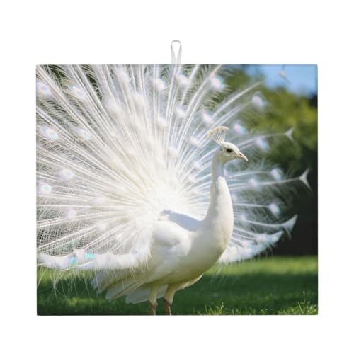 White Peacock Dish Drying Mat for Kitchen Counter, Absorbent Microfiber Drainer Mats, Non-slip Kitchen Draining Mat for Coffee Machine Dish Rack Pad 18"x16" Dish Drainer Pad - color: White Peacock