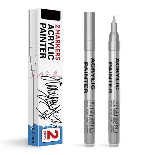 Acrylic Paint Pens Waterproof Markers 2 Silver Permanent Marker Pens Acrylic Pens for Rock Painting Glass Stone Ceramic Metal Fabric Pebble Painting pens Craft Supplies - color: Silver