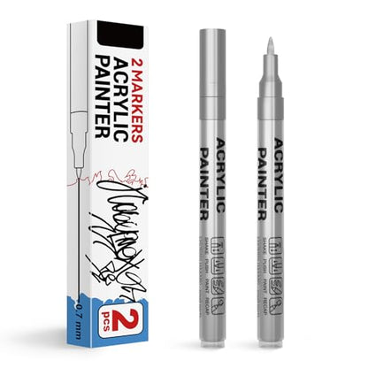 Acrylic Paint Pens Waterproof Markers 2 Silver Permanent Marker Pens Acrylic Pens for Rock Painting Glass Stone Ceramic Metal Fabric Pebble Painting pens Craft Supplies - color: Silver